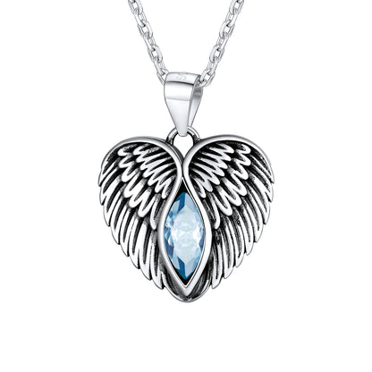 925 Sterling Silver Angel Wing Heart Birthstone Necklace