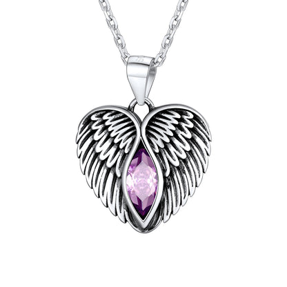 Sterling Silver Guardian Angel Wing Heart Necklace With Birthstone