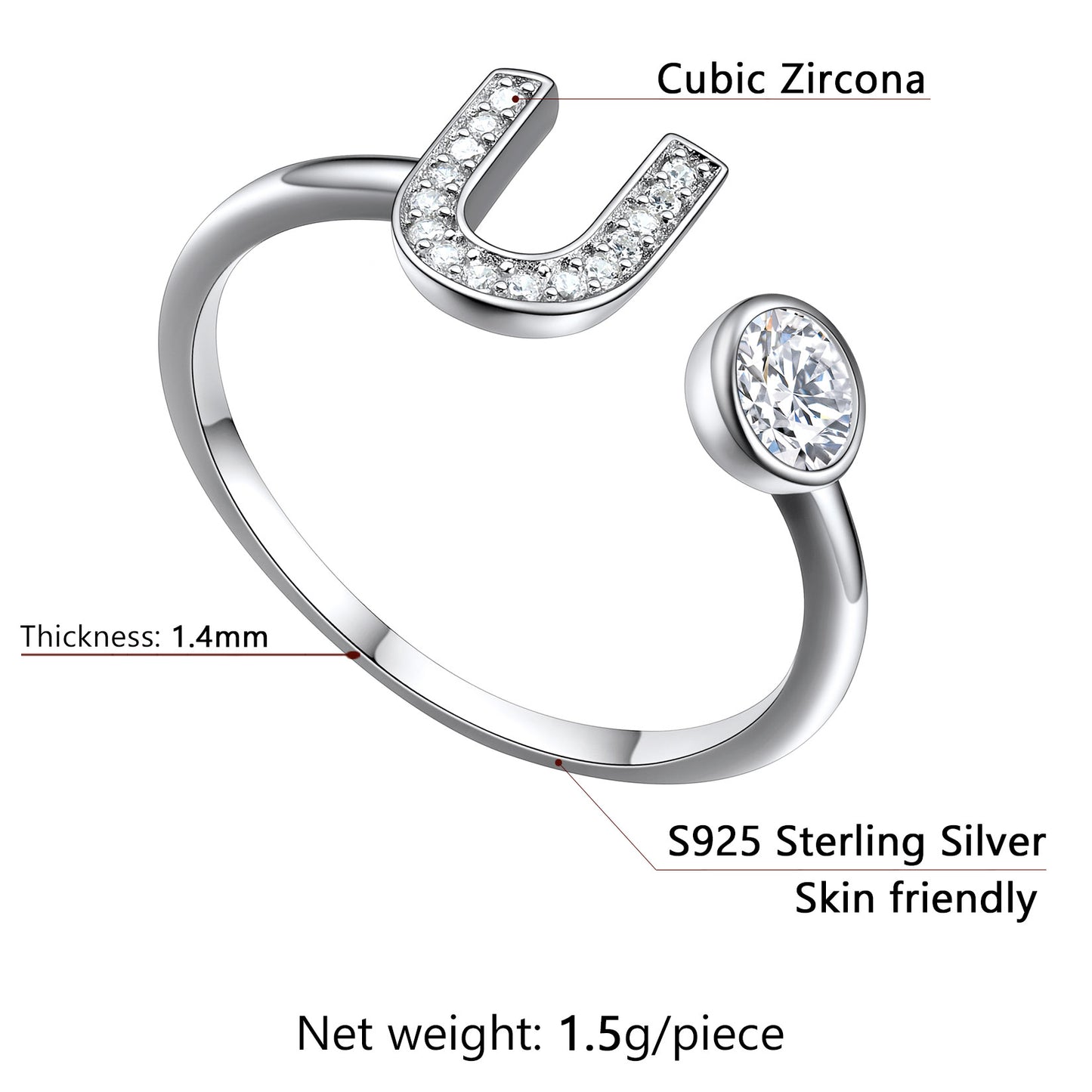 Adjustable Sterling Silver Cubic Zirconia Letter A-Z Initial Rings