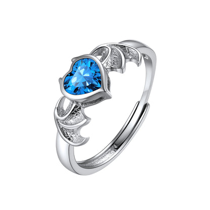 Sterling Silver Adjustable Angel Wing Heart Birthstone Rings For Women