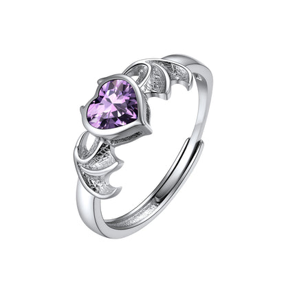 Sterling Silver Adjustable Angel Wing Heart Birthstone Rings For Women