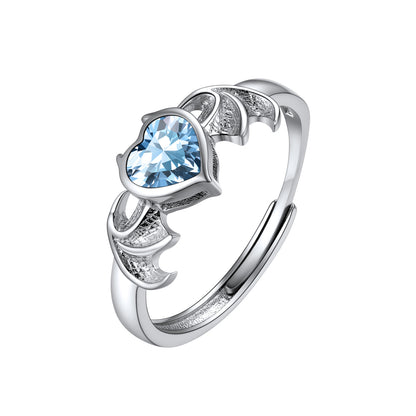 Sterling Silver Adjustable Angel Wing Heart Birthstone Rings For Women