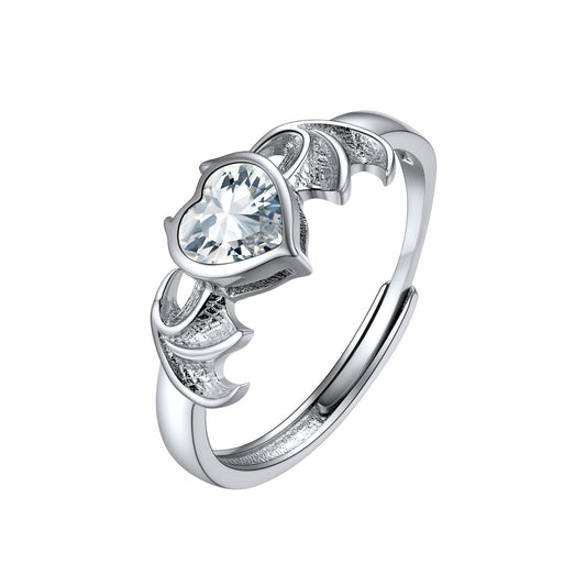 Sterling Silver Adjustable Angel Wing Heart Birthstone Rings For Women