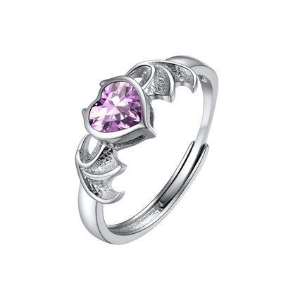 Sterling Silver Adjustable Angel Wing Heart Birthstone Rings For Women