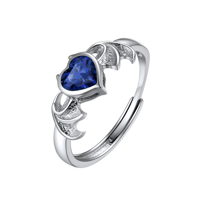 Sterling Silver Adjustable Angel Wing Heart Birthstone Rings For Women