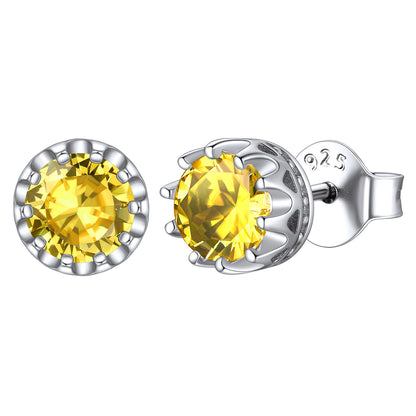 Sterling Silver Round Crown Birthstone Stud Earrings for Women BIRTHSTONES JEWELRY