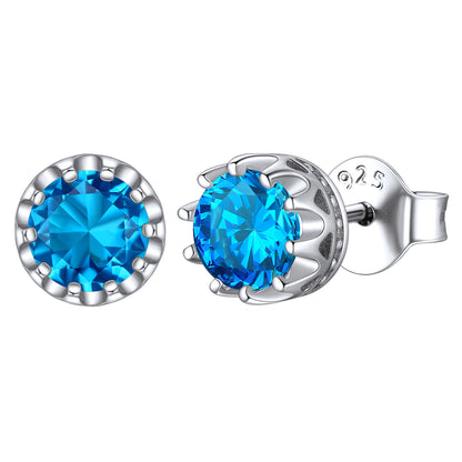 Sterling Silver Round Crown Birthstone Stud Earrings for Women BIRTHSTONES JEWELRY