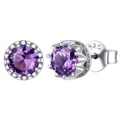 Sterling Silver Round Crown Birthstone Stud Earrings for Women BIRTHSTONES JEWELRY