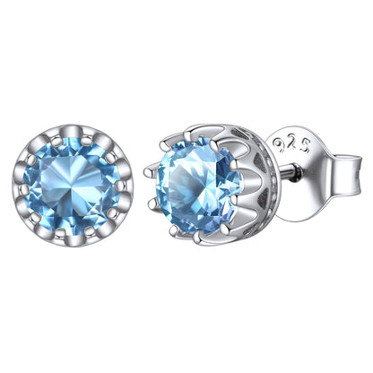 Sterling Silver Round Crown Birthstone Stud Earrings for Women BIRTHSTONES JEWELRY