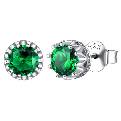 Sterling Silver Round Crown Birthstone Stud Earrings for Women BIRTHSTONES JEWELRY