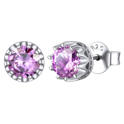 Sterling Silver Round Crown Birthstone Stud Earrings for Women BIRTHSTONES JEWELRY