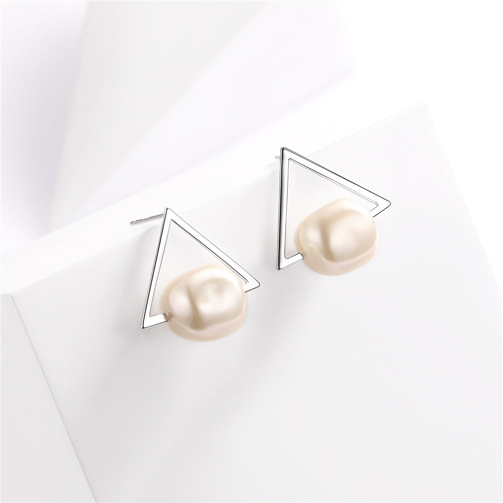 Sterling Silver Geometric Triangle Pearl Stud Earrings