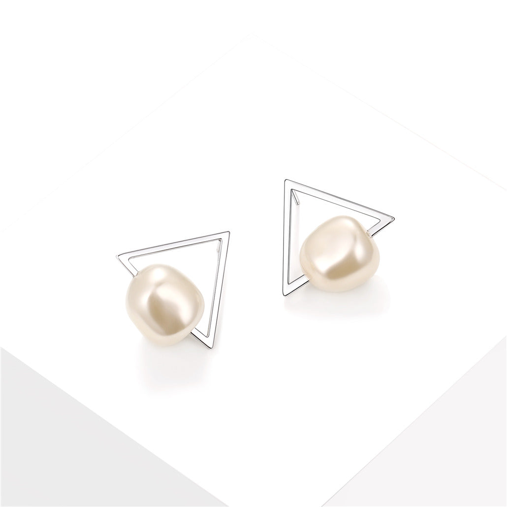 Sterling Silver Geometric Triangle Pearl Stud Earrings