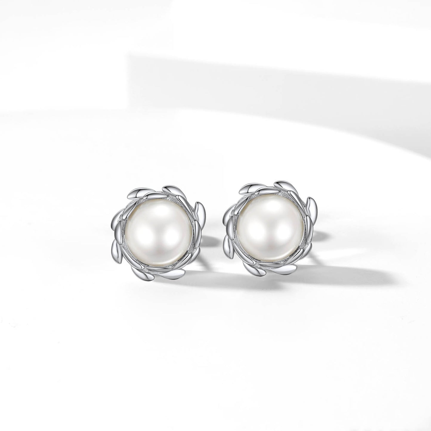 Exquisite Sterling Silver Olive Leaf Pearl Stud Earrings