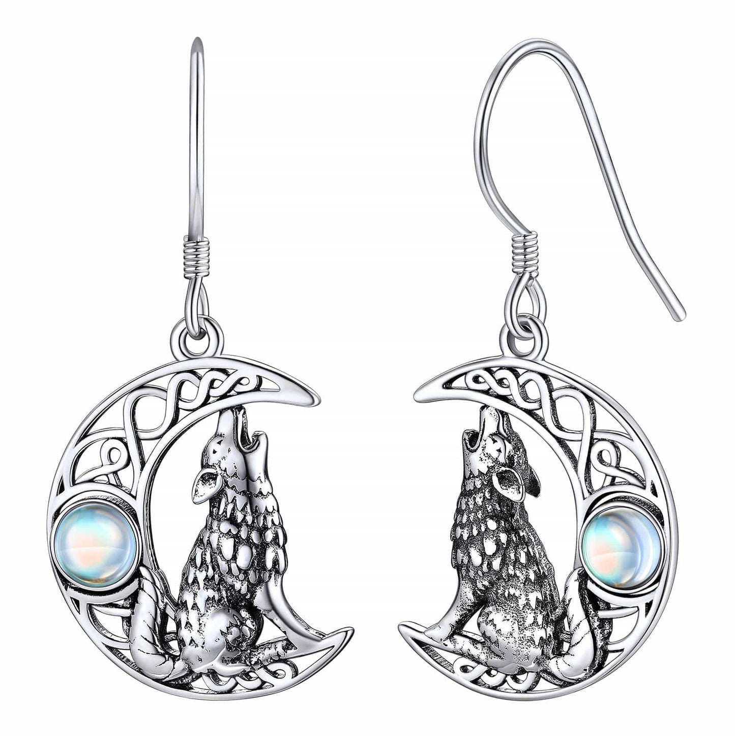Boucles d'oreilles pendantes en argent sterling avec croissant de loup hurlant et pierre de lune