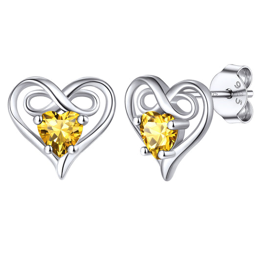 Birthstone Infinity Love Heart Earrings Studs in 925 Sterling Silver