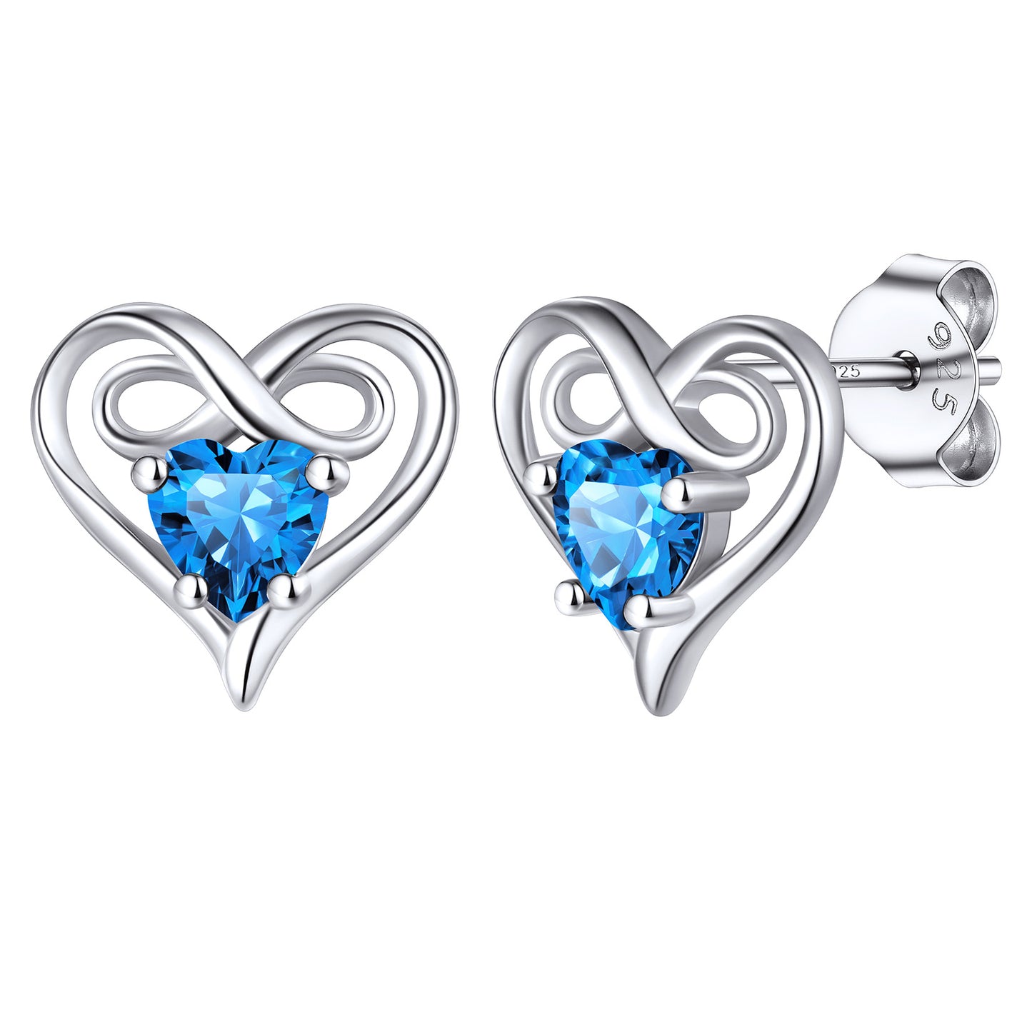 Sterling Silver Birthstone Infinity Heart Earrings Studs