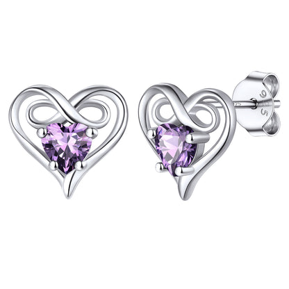 Birthstone Infinity Love Heart Earrings Studs in 925 Sterling Silver