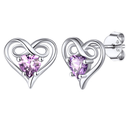 Birthstone Infinity Love Heart Earrings Studs in 925 Sterling Silver