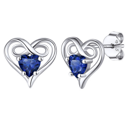 Birthstone Infinity Love Heart Earrings Studs in 925 Sterling Silver