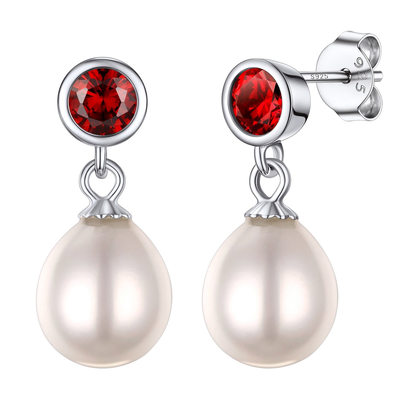 Sterling Silver Round Birthstone Pearl Drop Earrings For Women