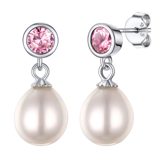 Sterling Silver Round Birthstone Pearl Drop Earrings For Women