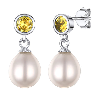 Sterling Silver Round Birthstone Pearl Drop Earrings For Women