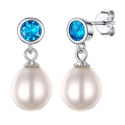 Sterling Silver Round Birthstone Pearl Drop Earrings For Women