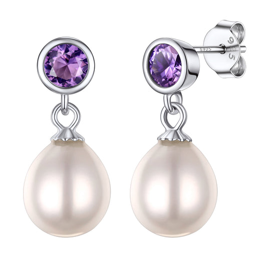 Sterling Silver Round Birthstone Pearl Drop Earrings For Women