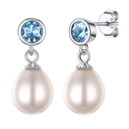 Sterling Silver Round Birthstone Pearl Drop Earrings For Women