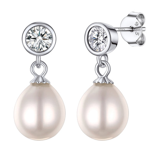 Sterling Silver Round Birthstone Pearl Drop Earrings For Women