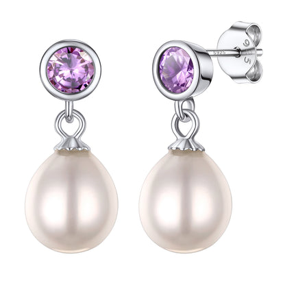 Sterling Silver Round Birthstone Pearl Drop Earrings For Women