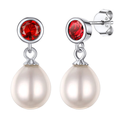 Sterling Silver Round Birthstone Pearl Drop Earrings For Women