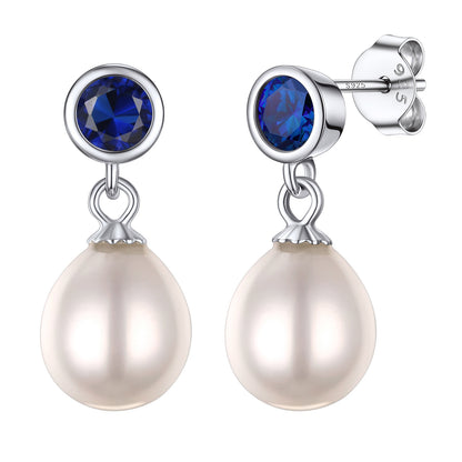 Sterling Silver Round Birthstone Pearl Drop Earrings For Women