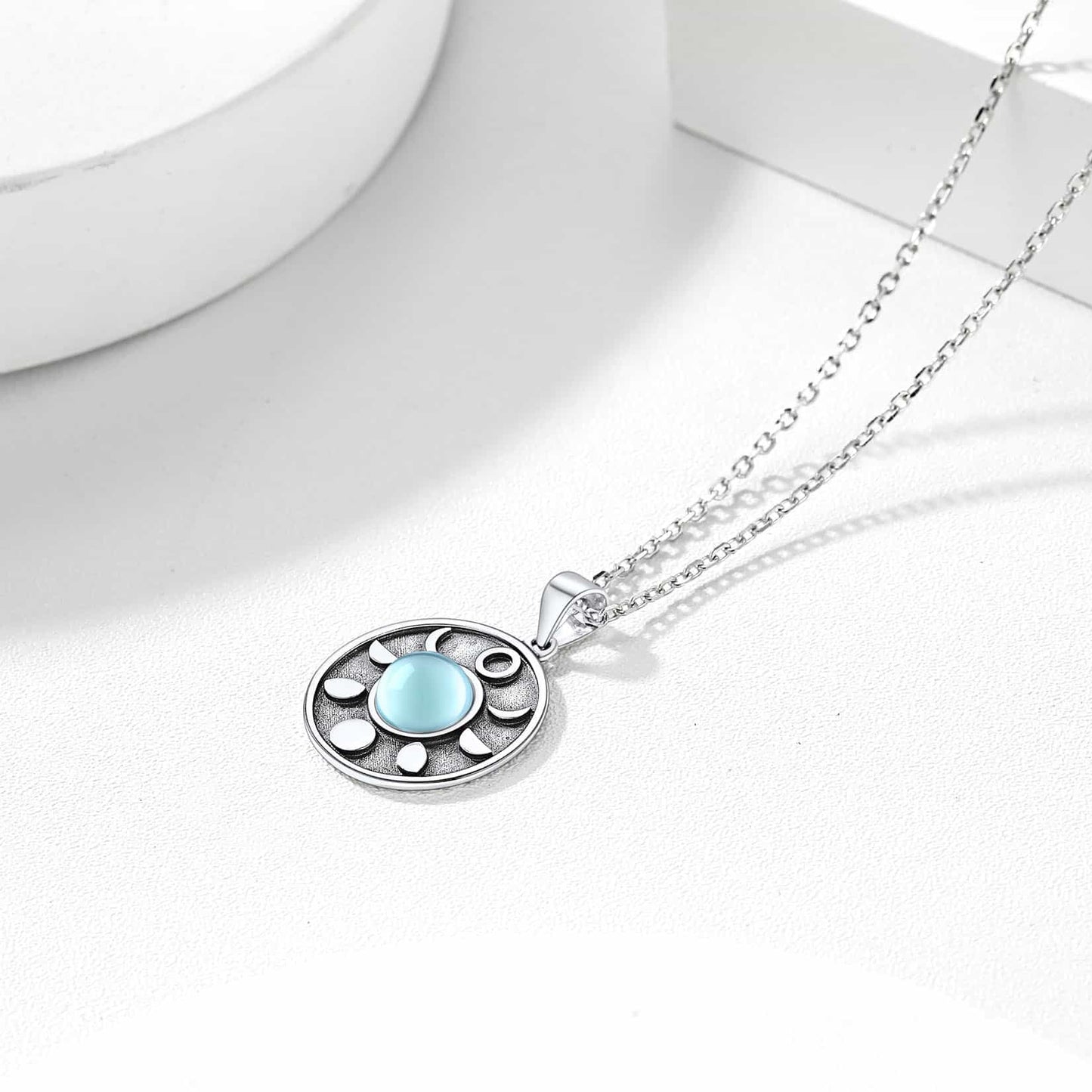Sterling Silver Round Moon Phase Moonstone Necklace