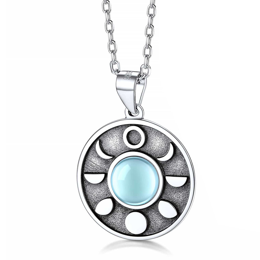 Sterling Silver Round Moon Phase Moonstone Necklace