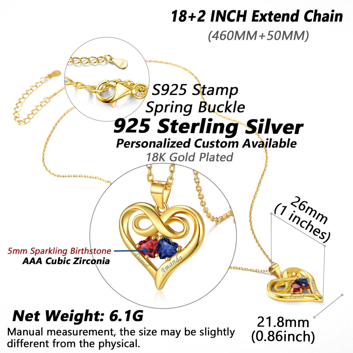 Collier coeur infini personnalisé en argent sterling avec 2 pierres de naissance